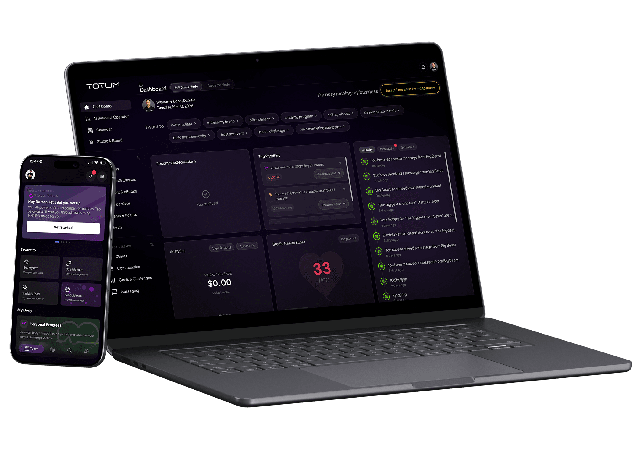 TOTUM studio dashboard and mobile app